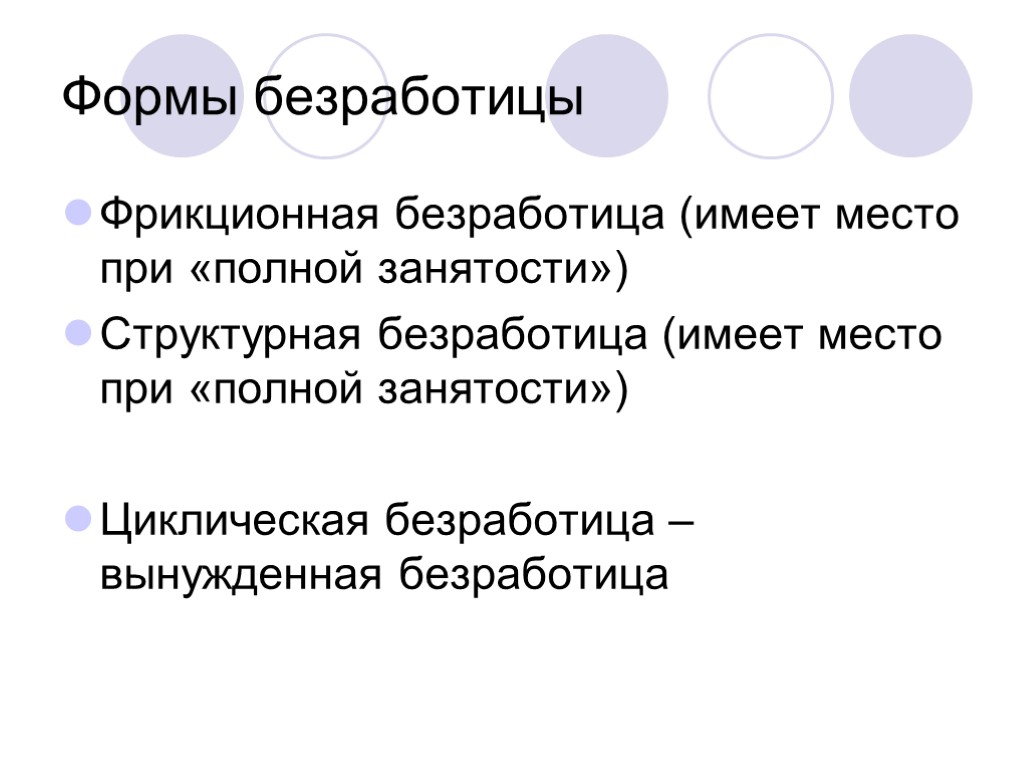 Формы безработицы Фрикционная безработица (имеет место при «полной занятости») Структурная безработица (имеет место при